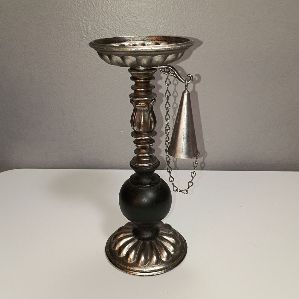 Vintage Dilly Antique Metal Finish Wood Pillar Candle Holder Attached Snuffer
